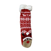 Jule hyggesokker - Rød sok med stjerner og elg med nissehue (Onesize med Antiskrid-bund)